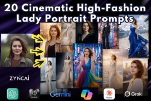 20 Cinematic High-Fashion Female Portrait Prompts (Using ChatGPT, Gemini, Midjourney, Leonardo, or Any)