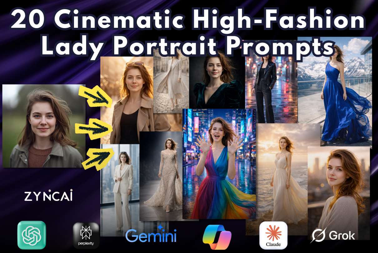 20 Cinematic High-Fashion Female Portrait Prompts (Using ChatGPT, Gemini, Midjourney, Leonardo, or Any)
