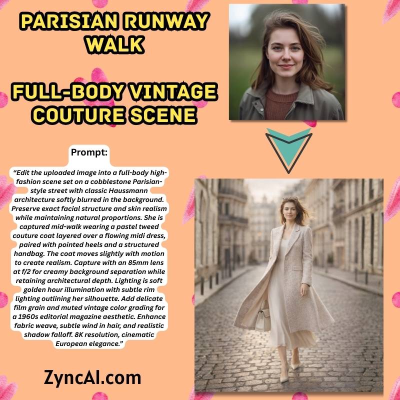 Prompt 01 - Parisian Runway Walk  Full-Body Vintage Couture Scene