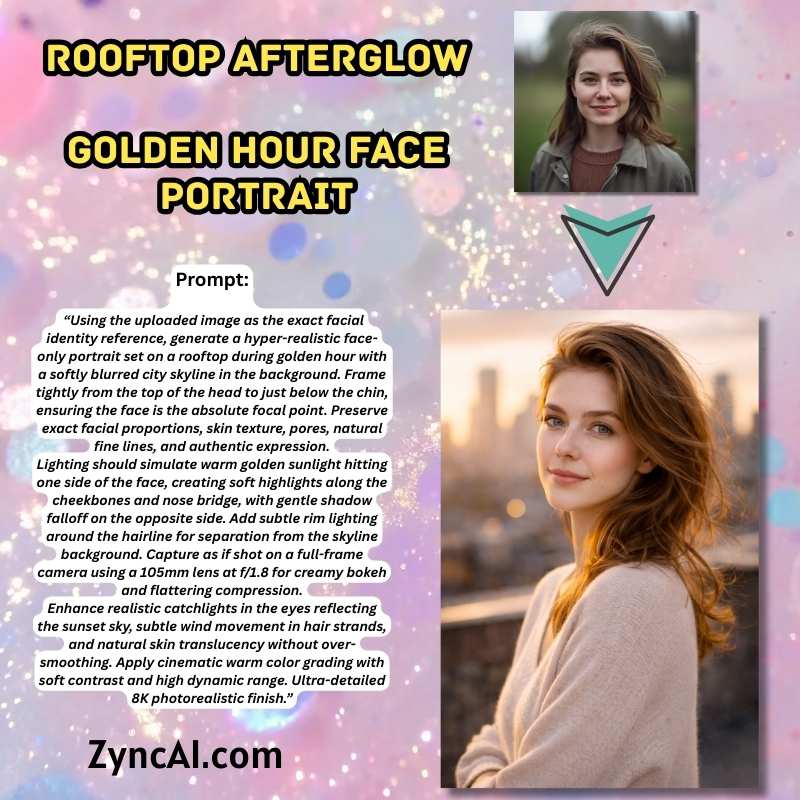 Prompt 02 - Rooftop Afterglow  Golden Hour Face Portrait - Cinematic Afterglow Lady Portrait Prompts [ ZyncAI.com ] 