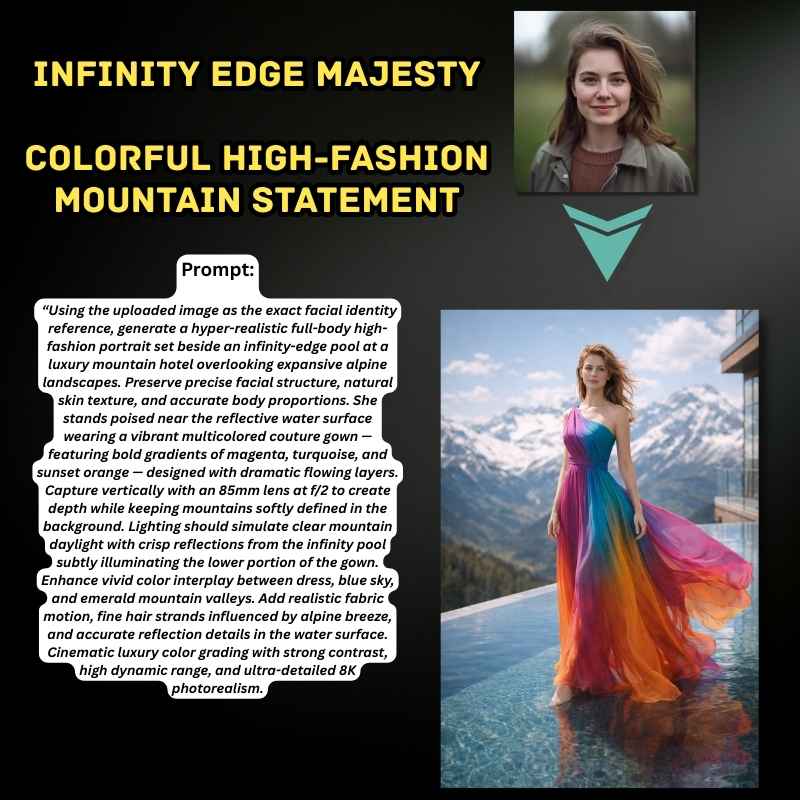 Prompt 03 - Infinity Edge Majesty  Colorful High-Fashion Mountain Statement - Cinematic Afterglow Lady Portrait Prompts [ ZyncAI.com ] 