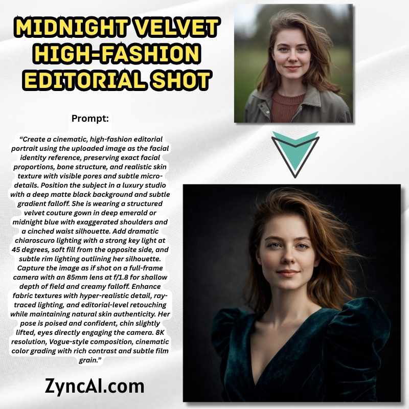 Prompt 04 - Midnight Velvet High-Fashion Editorial Shot - Cinematic High Fashion Women Portrait Prompts [ ZyncAI.com ] 