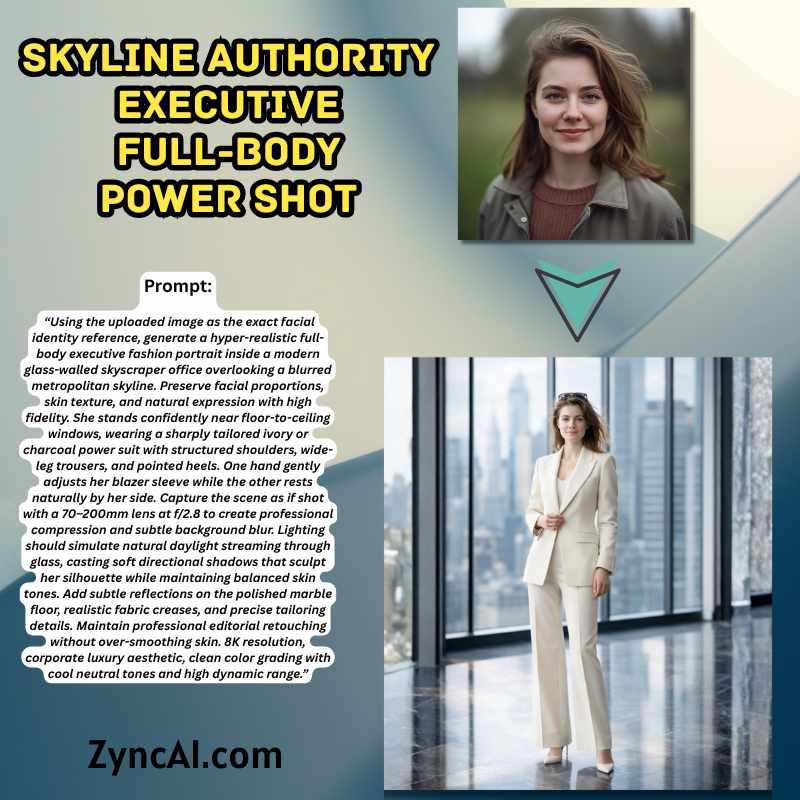 Prompt 05 - Skyline Authority Executive Full-Body Power Shot - Cinematic Executive Boss Lady Prompts [ ZyncAI.com ] 