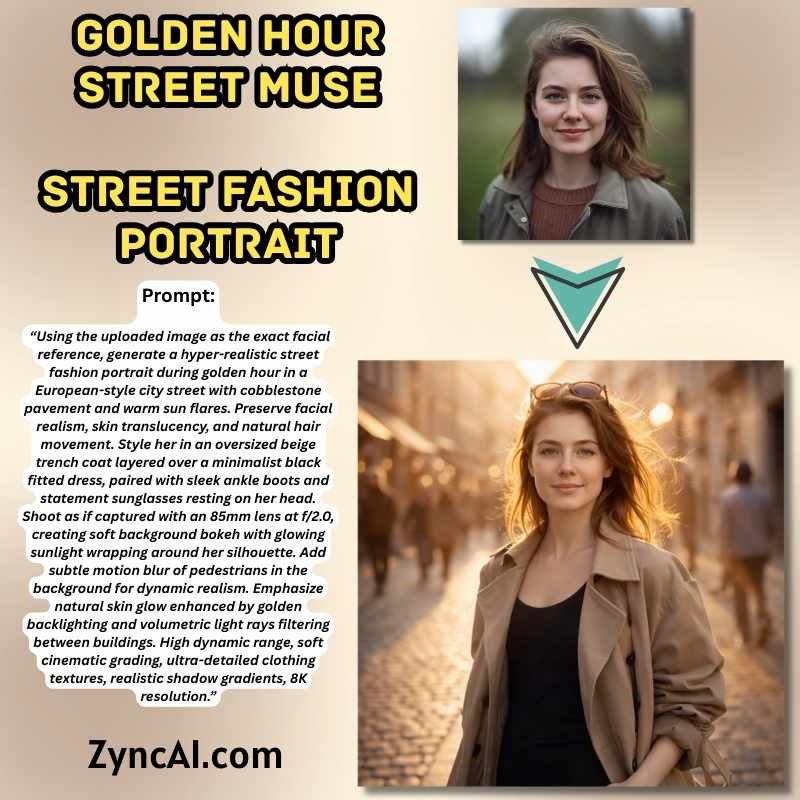 Prompt 08 - Golden Hour Street Muse Street Fashion Portrait - Cinematic Golden Hour Street Female Prompts [ ZyncAI.com ] 