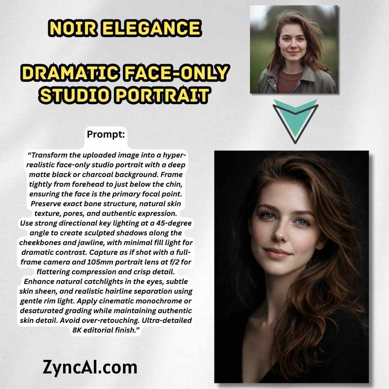 Prompt 10 - Noir Elegance Dramatic Face-Only Studio Portrait -  Cinematic Elegant Studio Lady Portrait Prompts