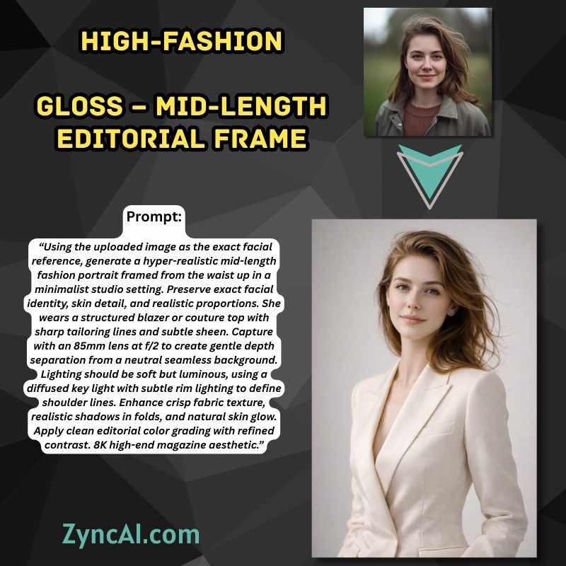 Prompt 11 - High-Fashion  Gloss – Mid-Length Editorial Frame - Cinematic High Fashion Gloss Female Portrait Prompts