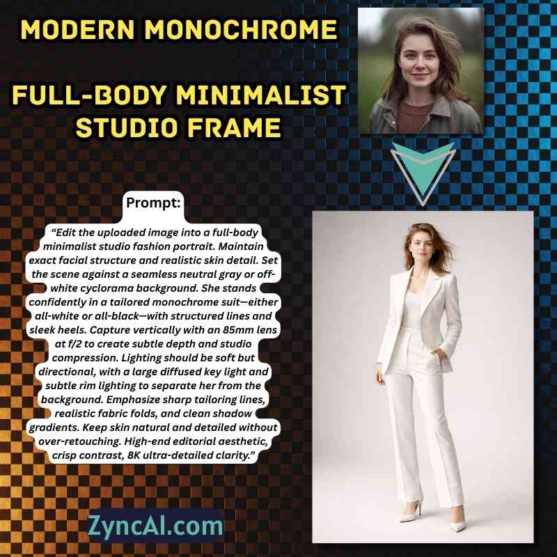 Prompt 13 - Modern Monochrome Full-Body Minimalist Studio Frame - Cinematic Boss Lady Portrait Prompts [ ZyncAI.com ]