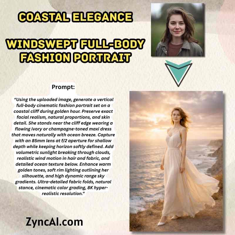Prompt 15 - Coastal Elegance  Windswept Full-Body Fashion Portrait - Natural Female Beach Fashion Portrait Prompts [ ZyncAI.com ]