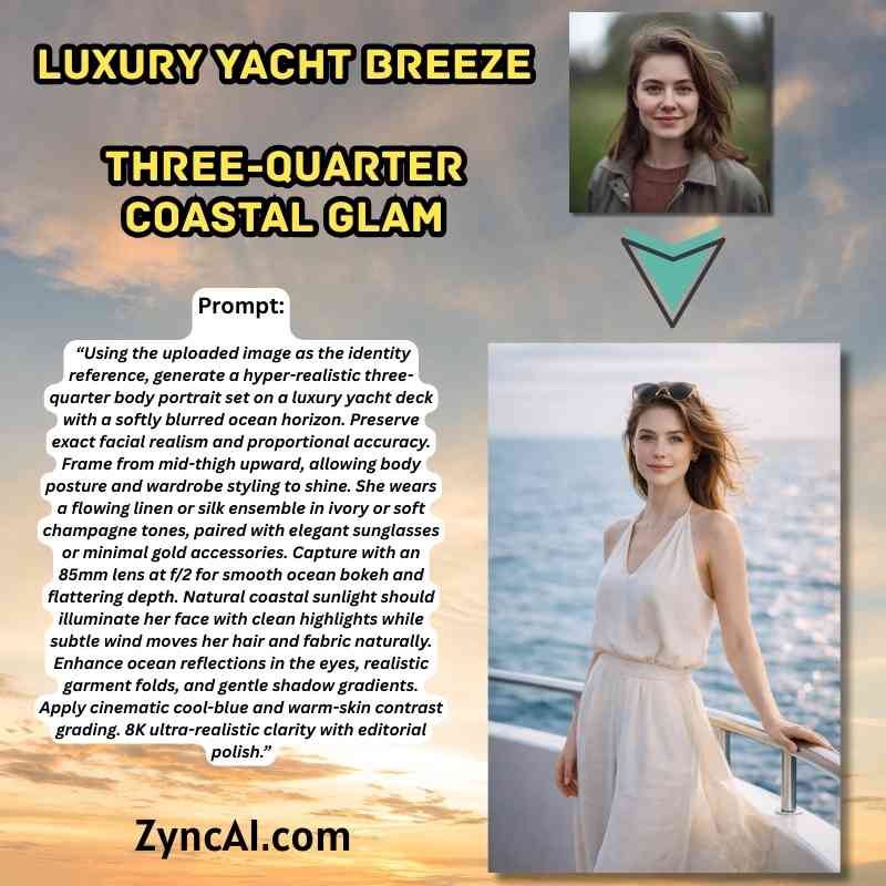 Prompt 16 - Luxury Yacht Breeze  Three-Quarter Coastal Glam - Elegant Luxury Lady Fashion Portrait Prompts [ ZyncAI.com ]