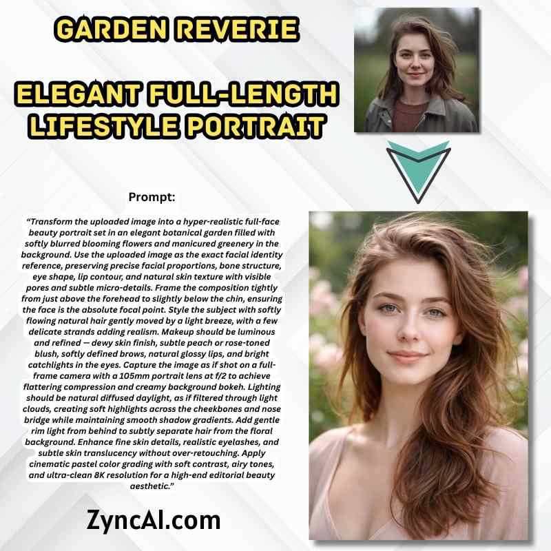 Prompt 17 - Garden Reverie Elegant Full-Length Lifestyle Portrait - Elegant Lifestyle Female Portrait AI Prompts [ ZyncAI.com ]
