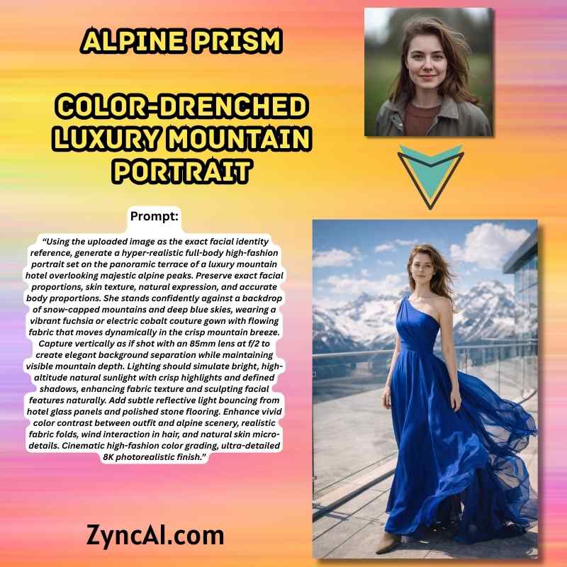 Prompt 19 - Alpine Prism Color-Drenched Luxury Mountain Portrait - Beautiful Colorful Lady Luxury Portrait Prompts [ ZyncAI.com ]