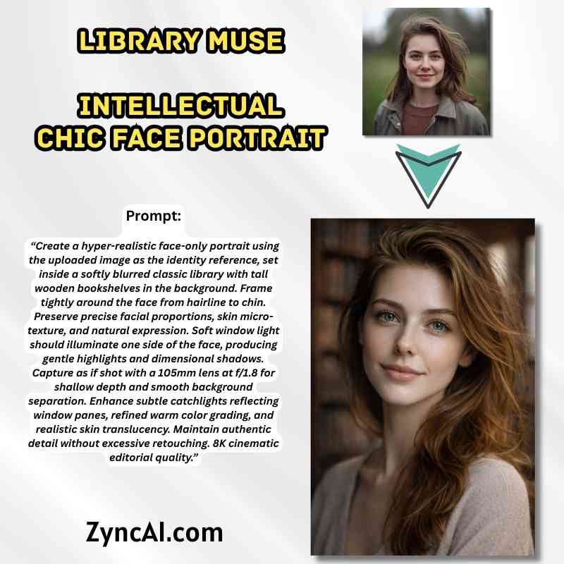 Prompt 20 - Library Muse Intellectual Chic Face Portrait - Charming Face Portrait Prompts [ ZyncAI.com ]
