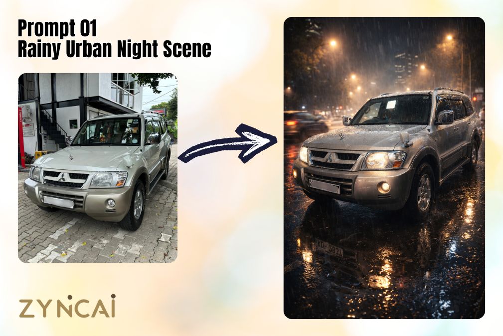 Vehicle Photography Edit Prompt 01 - Rainy Urban Night Scene