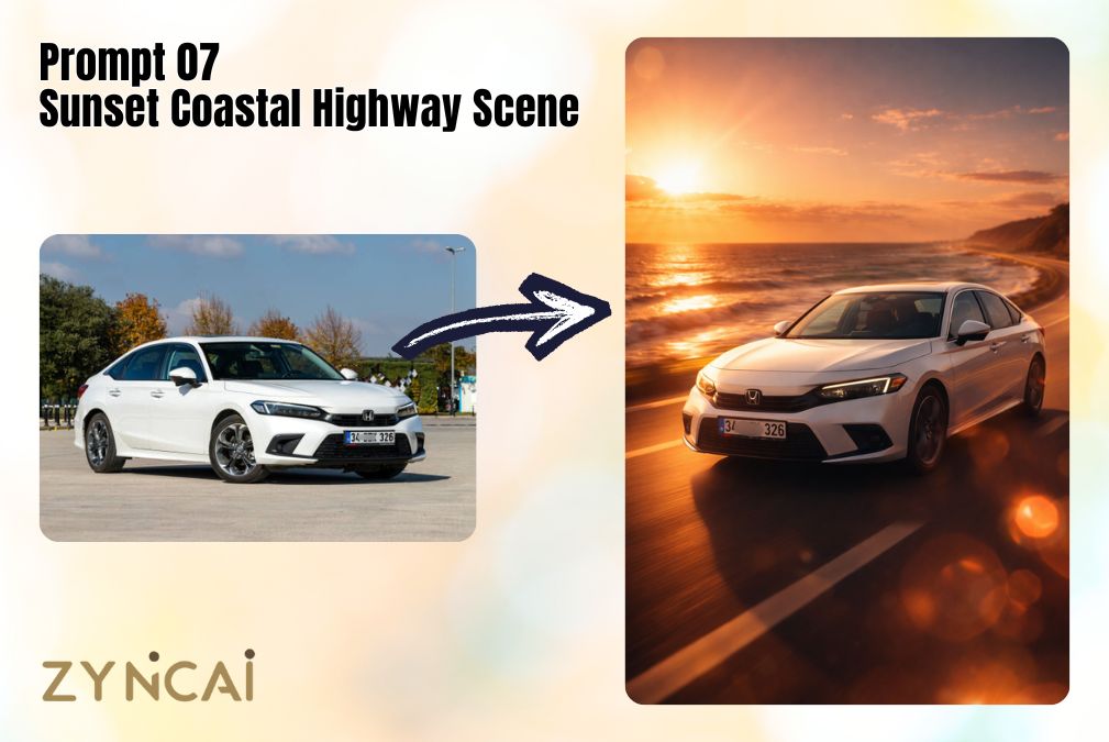Vehicle Photography Edit Prompt 07 - Sunset Coastal Highway Scene