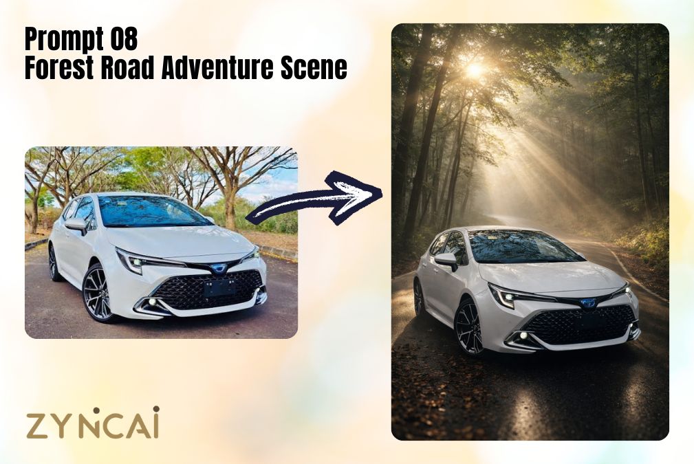 Vehicle Photography Edit Prompt 08 - Forest Road Adventure Scene